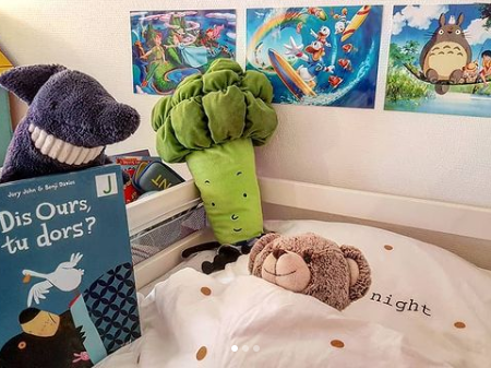 Photographie du livre "Dis ours, tu dors ?" dans une chambre d'enfants avec un ours en peluche qui dort entouré de peluches, pour le blog littéraire mangeurdelivres