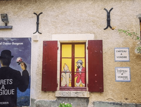 Photographie du livre "Les secrets de la Belgique" de Pascal Dayez-Burgeon devant l'exposition Tintin du château de Cheverny imitant la façade du château de Moulinsart pour la blog littéraire mangeurdelivres