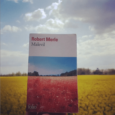 Photographie du livre face à un champ du Loir et Cher qui ait écho à la couverture du livre qui comporte un champ de blé rougeoyant