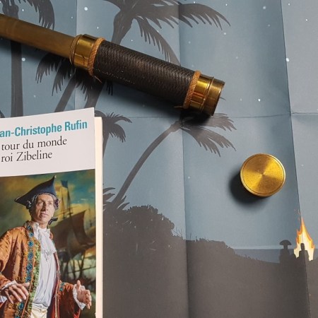 Photo du livre posé sur un décor d'île tropicale dessiné avec une longue vue ancienne